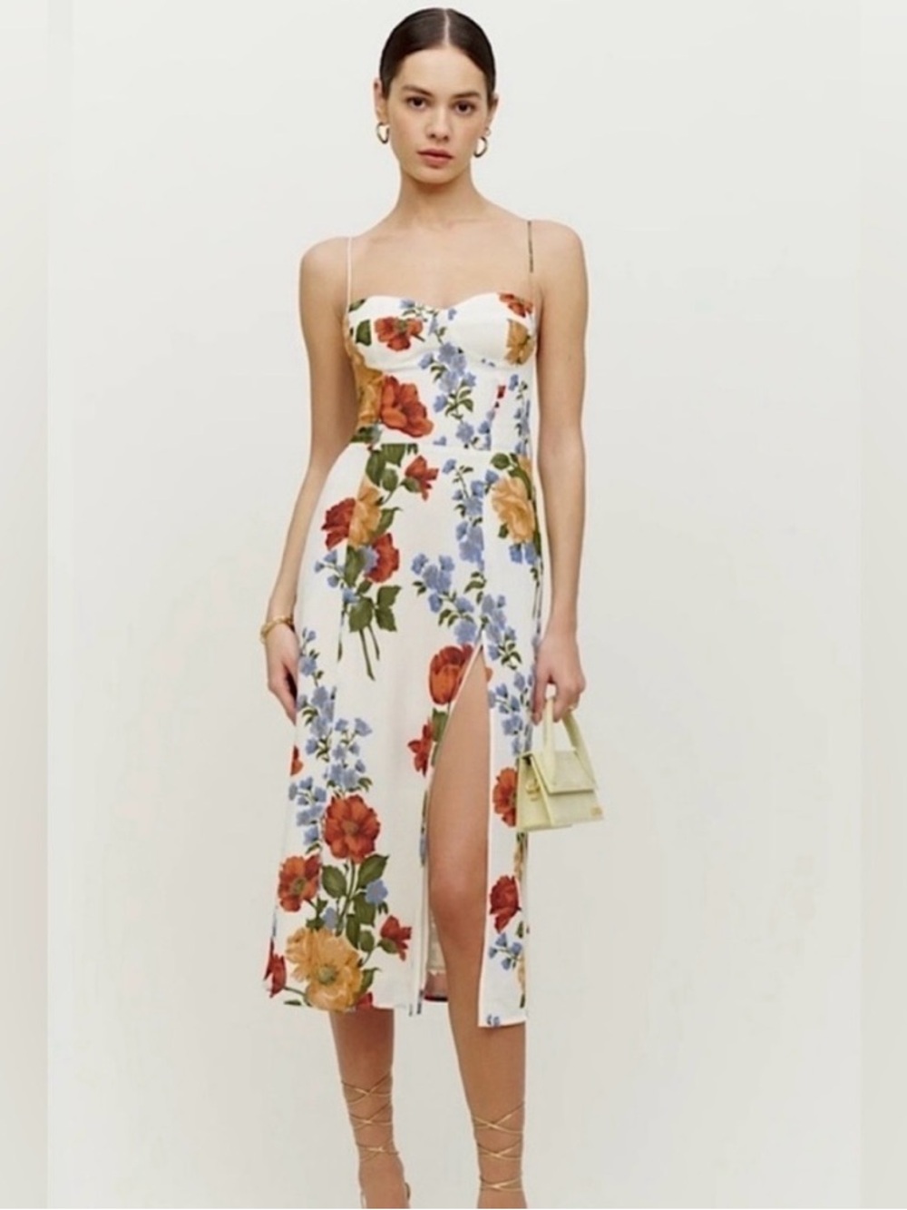 Reformation White Floral Midi Slip Dress with Red, Yellow & Blue Flowers